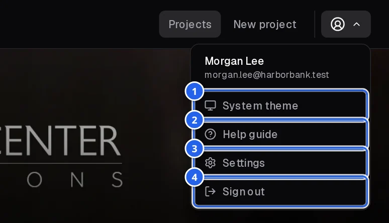 The account menu, open
