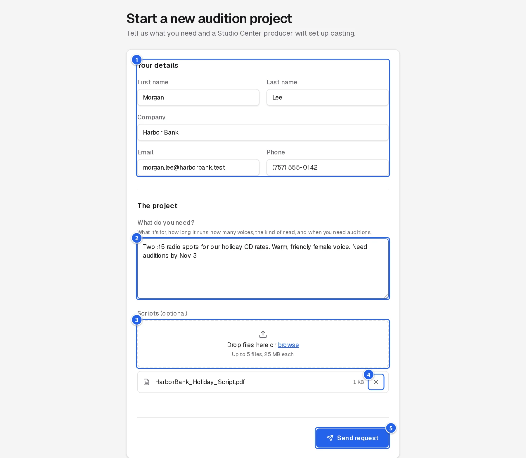 The Start a new audition project form