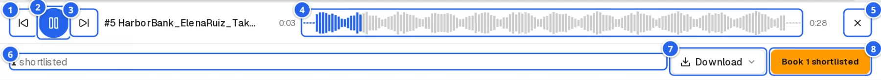 The player and shortlist bar at the bottom of the page