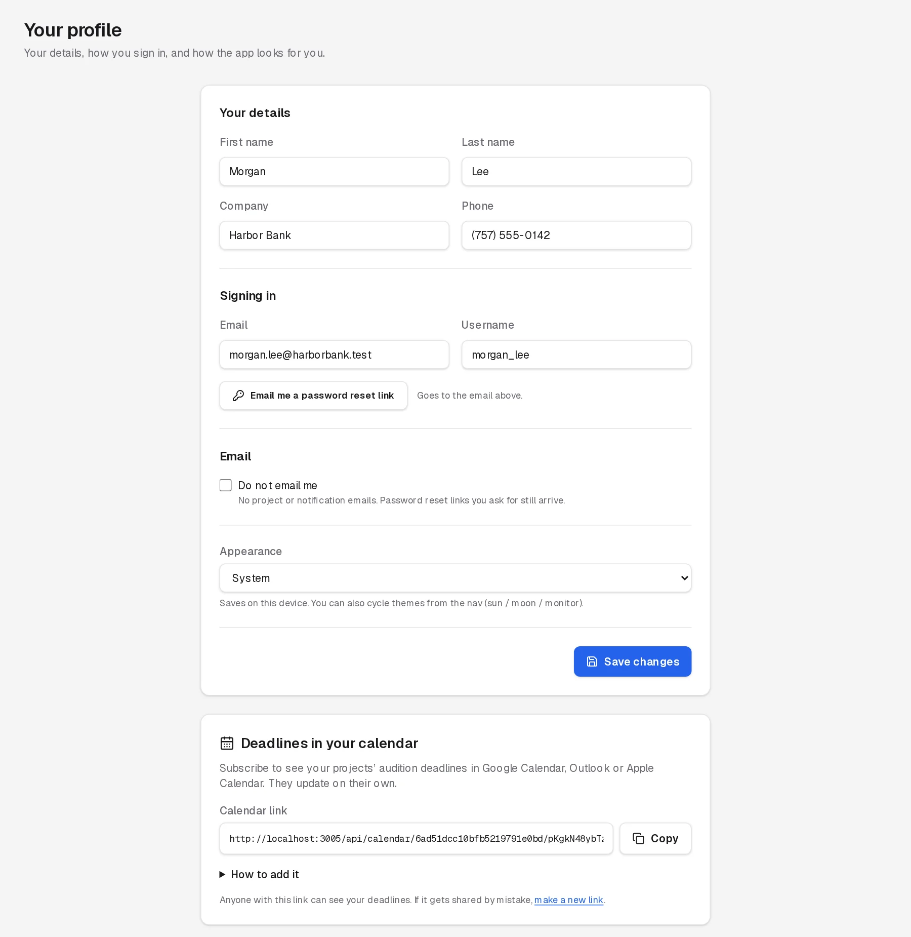 The Your profile page