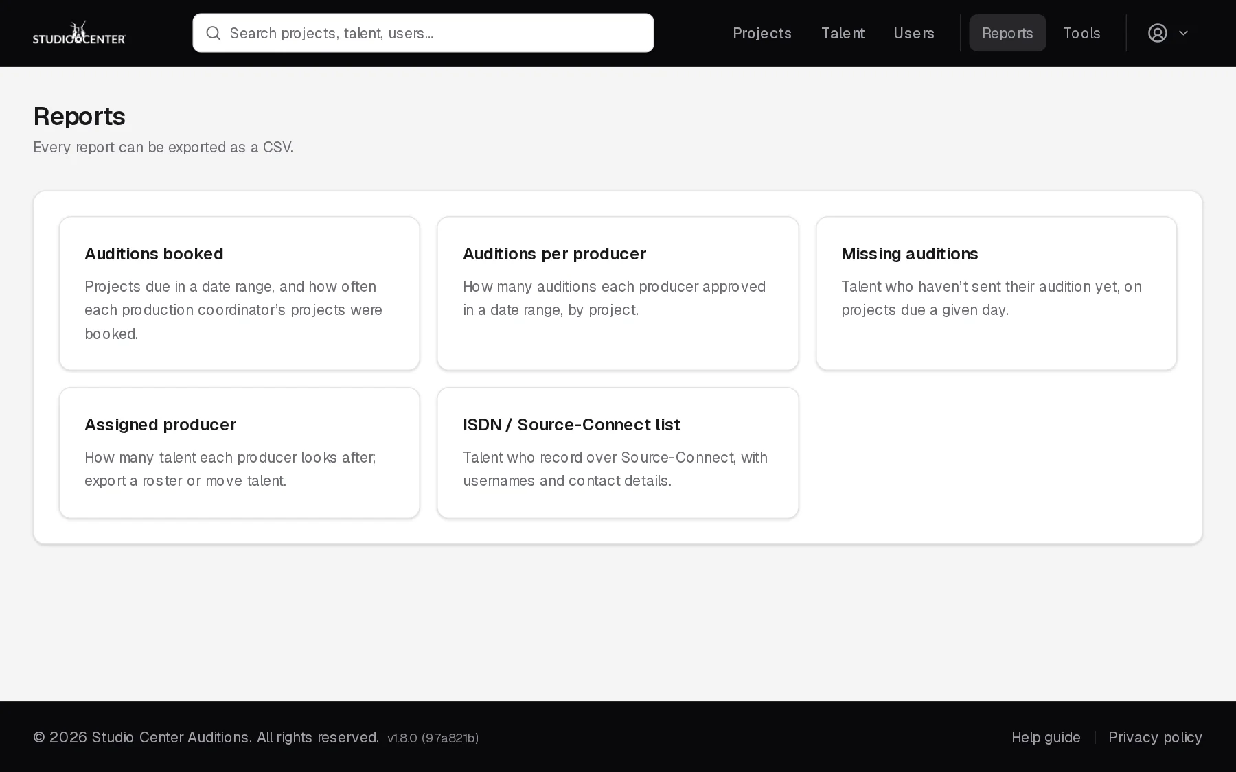 The reports page